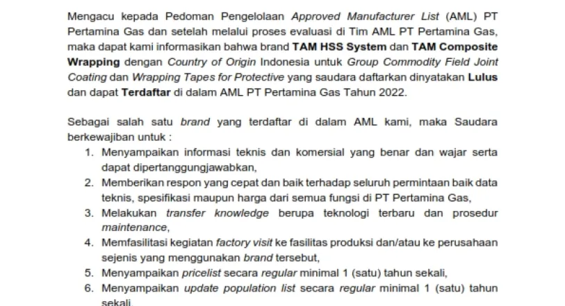 Products SUPPLIER TAM PIPE PROTECTIVE WRAPPING TAPE 5 surat_evaluasi_aml_pertgas